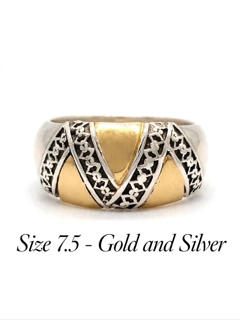 Vintage 14K and 925 Sterling Silver Two Tone Band Ring Geometric Sz 7.5